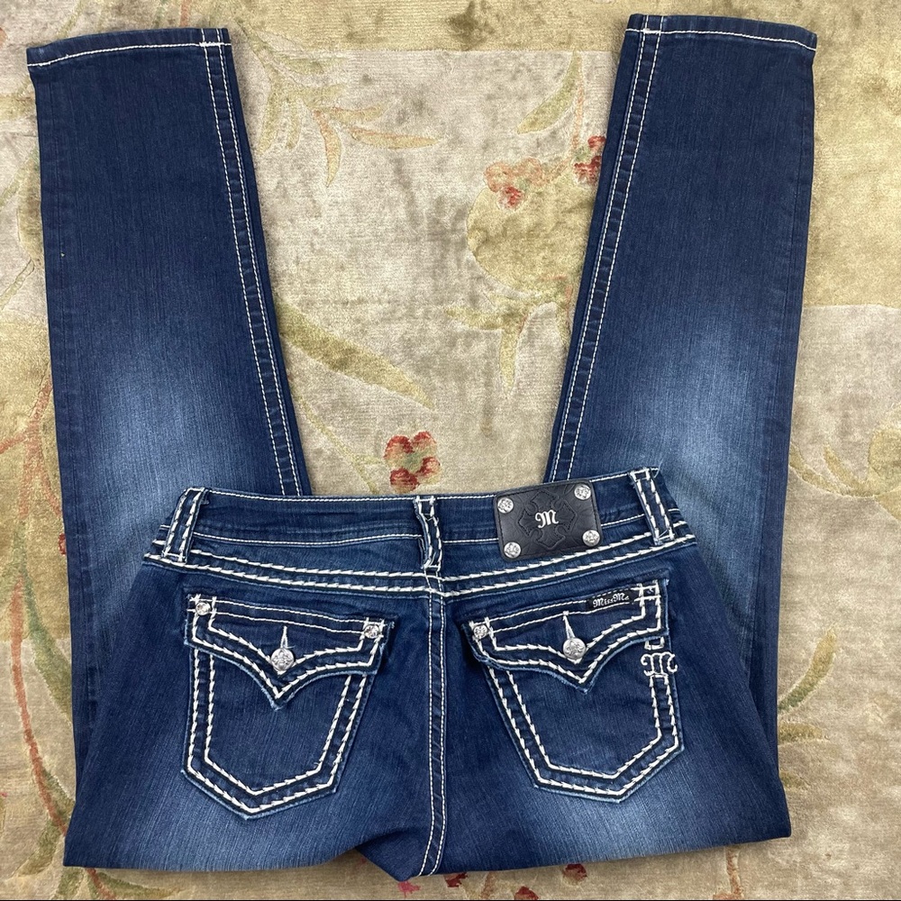 Miss Me Dark Blue Skinny Jeans with White Contrast Stitching